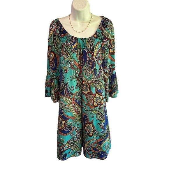 Moa USA Turquoise Paisley Bell Sleeve Boho Dress Women’s XL - Picture 1 of 8